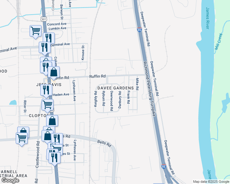 map of restaurants, bars, coffee shops, grocery stores, and more near 3415 Danbury Road in Richmond