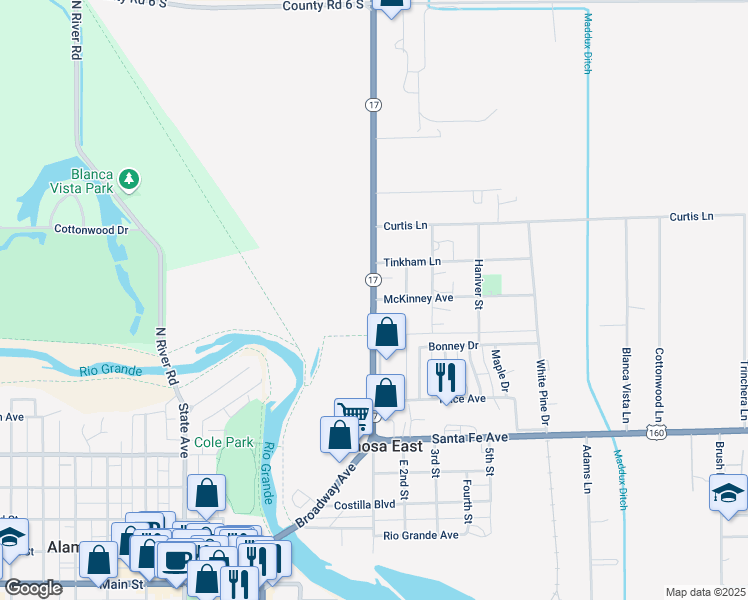 map of restaurants, bars, coffee shops, grocery stores, and more near 100 McKinney Avenue in Alamosa