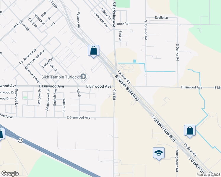 map of restaurants, bars, coffee shops, grocery stores, and more near 1530 East Linwood Avenue in Turlock