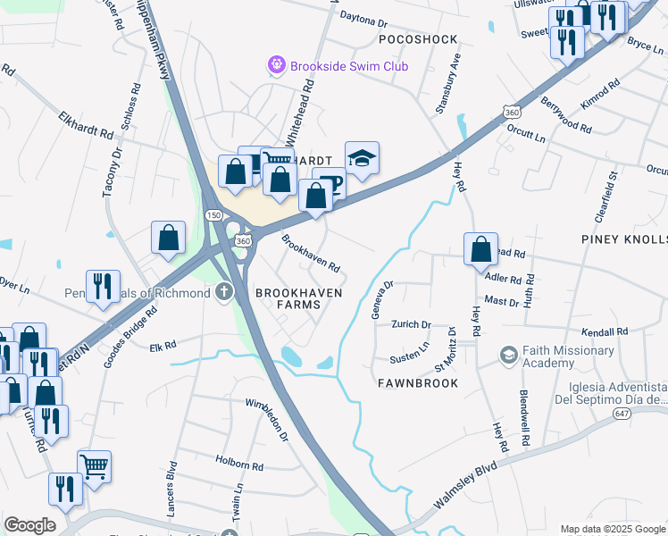 map of restaurants, bars, coffee shops, grocery stores, and more near 2241 Brookhaven Road in Richmond