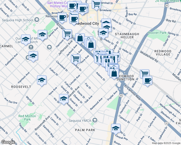 map of restaurants, bars, coffee shops, grocery stores, and more near 230 Roosevelt Avenue in Redwood City