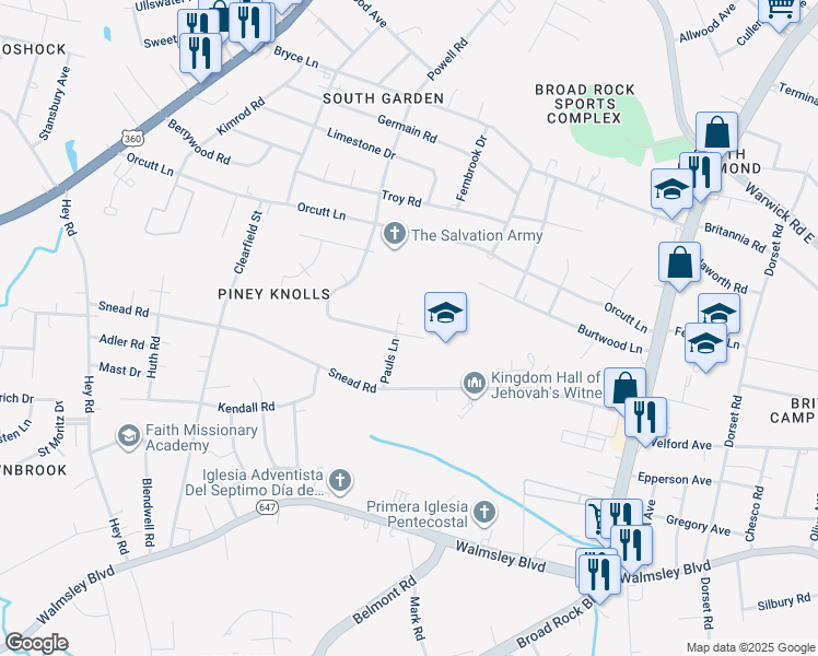 map of restaurants, bars, coffee shops, grocery stores, and more near 5244 White Oak Drive in Richmond