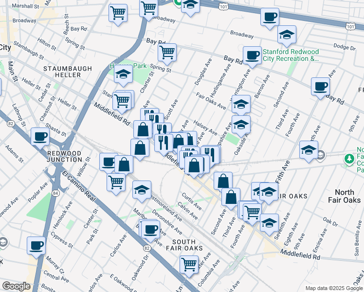 map of restaurants, bars, coffee shops, grocery stores, and more near 426 Hurlingame Avenue in Redwood City