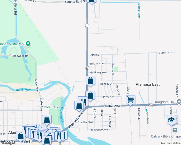 map of restaurants, bars, coffee shops, grocery stores, and more near 100-140 McKinney Avenue in Alamosa