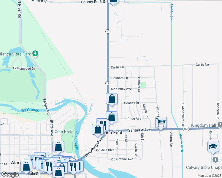 map of restaurants, bars, coffee shops, grocery stores, and more near 100-140 McKinney Avenue in Alamosa