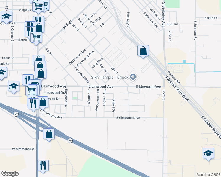 map of restaurants, bars, coffee shops, grocery stores, and more near 947 Lavon New Lane in Turlock