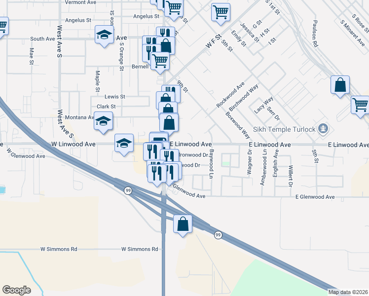 map of restaurants, bars, coffee shops, grocery stores, and more near 205 Ironwood Drive in Turlock