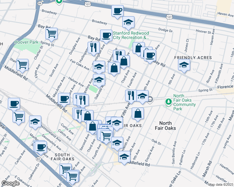 map of restaurants, bars, coffee shops, grocery stores, and more near 640 Third Avenue in Redwood City