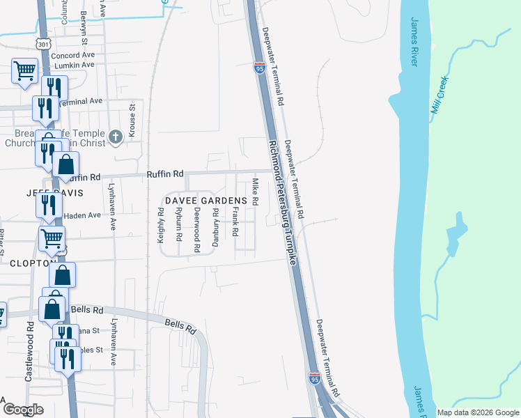 map of restaurants, bars, coffee shops, grocery stores, and more near 3322 Mike Road in Richmond