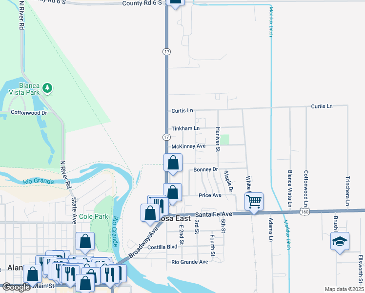 map of restaurants, bars, coffee shops, grocery stores, and more near 100-140 McKinney Avenue in Alamosa