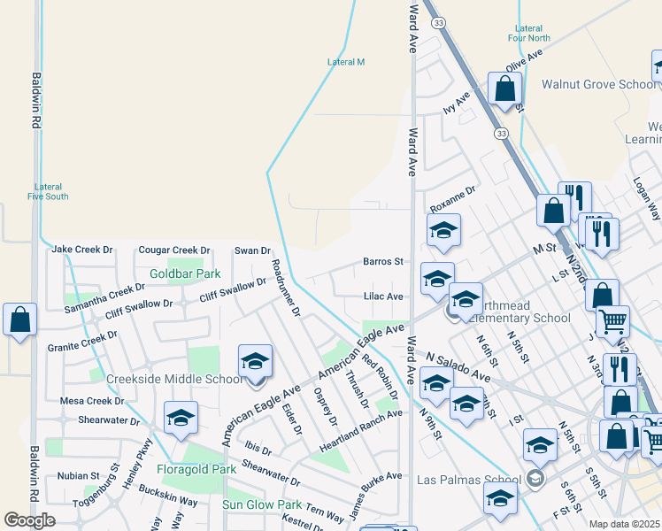 map of restaurants, bars, coffee shops, grocery stores, and more near 614 Delphia Drive in Patterson