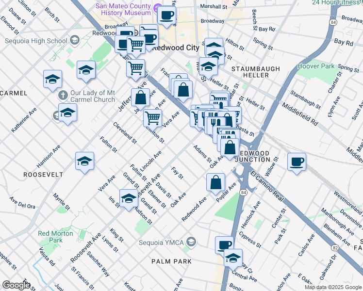 map of restaurants, bars, coffee shops, grocery stores, and more near 245 Roosevelt Avenue in Redwood City