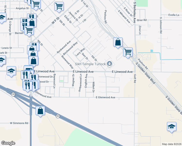 map of restaurants, bars, coffee shops, grocery stores, and more near 947 Lavon New Lane in Turlock
