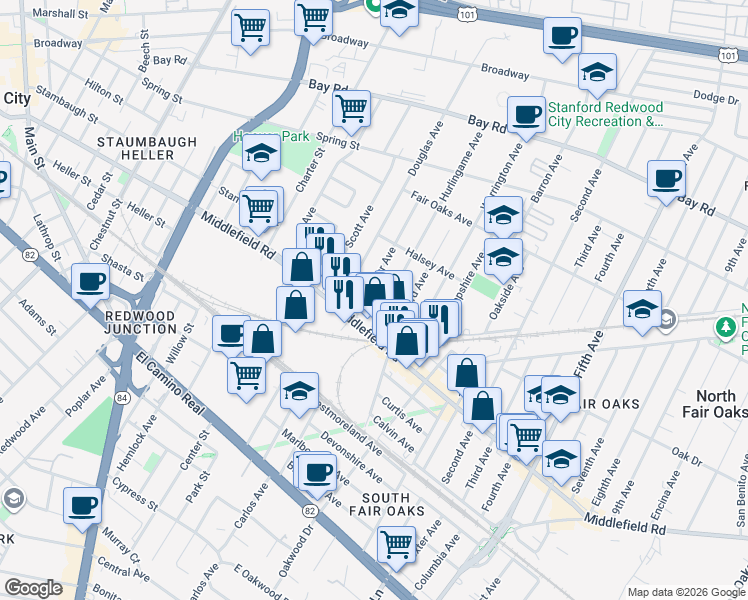 map of restaurants, bars, coffee shops, grocery stores, and more near 426 Hurlingame Avenue in Redwood City