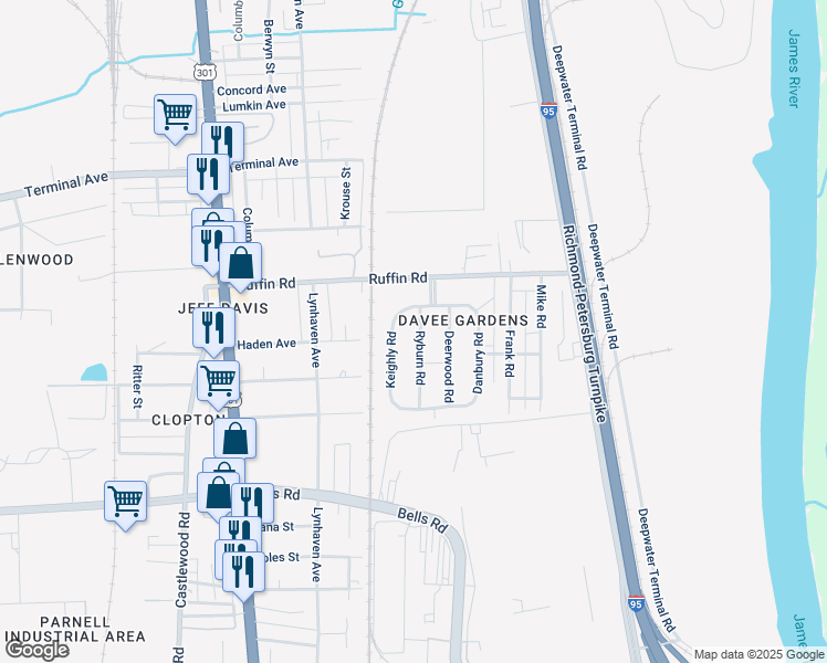 map of restaurants, bars, coffee shops, grocery stores, and more near 3405 Ryburn Road in Richmond