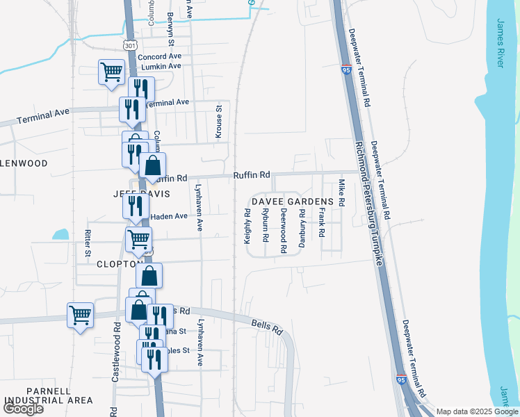 map of restaurants, bars, coffee shops, grocery stores, and more near 3405 Ryburn Road in Richmond