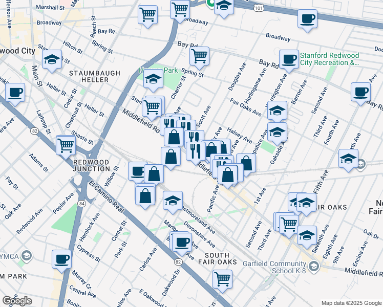 map of restaurants, bars, coffee shops, grocery stores, and more near 2615 Middlefield Road in Redwood City