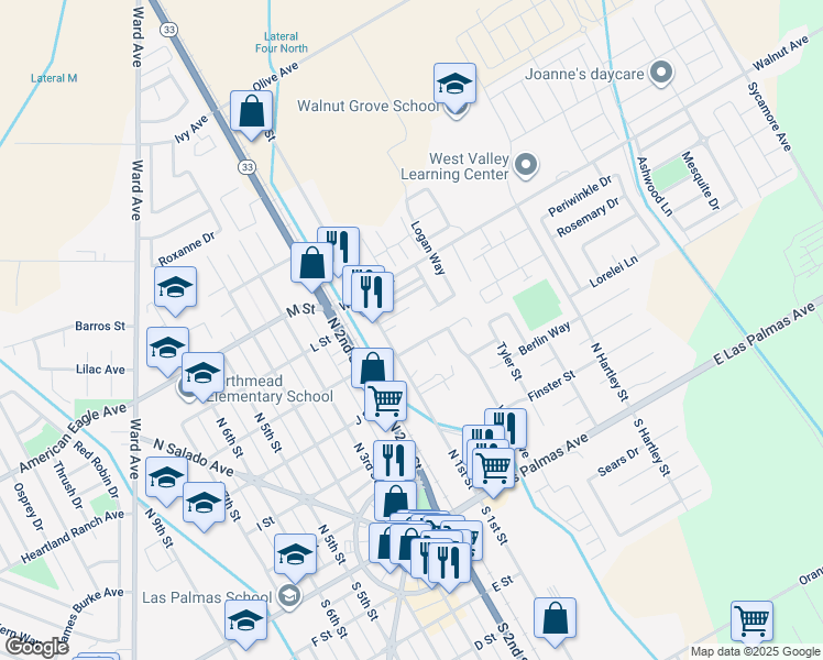 map of restaurants, bars, coffee shops, grocery stores, and more near 314 Unidad Court in Patterson