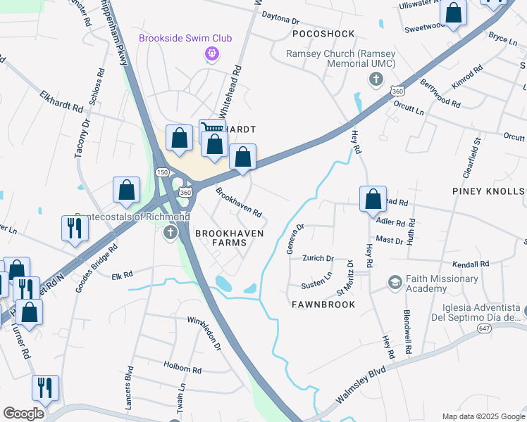map of restaurants, bars, coffee shops, grocery stores, and more near 2229 Brookhaven Road in Richmond
