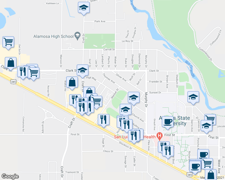 map of restaurants, bars, coffee shops, grocery stores, and more near 2203 Vigil Way in Alamosa