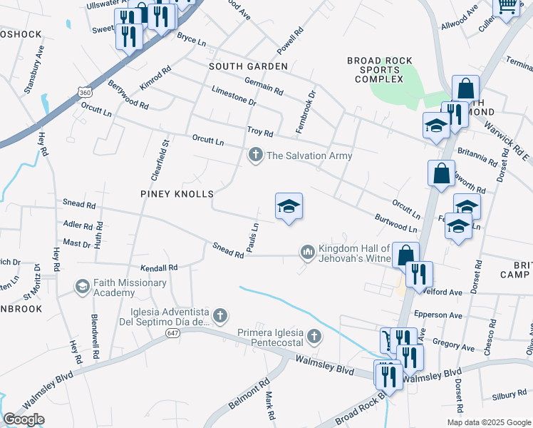 map of restaurants, bars, coffee shops, grocery stores, and more near 5244 White Oak Drive in Richmond