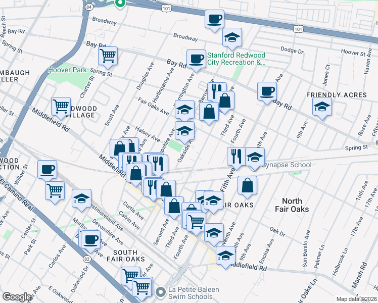 map of restaurants, bars, coffee shops, grocery stores, and more near 623 Second Avenue in Redwood City