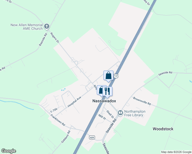 map of restaurants, bars, coffee shops, grocery stores, and more near 10106 Pine Avenue in Nassawadox