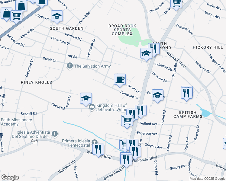 map of restaurants, bars, coffee shops, grocery stores, and more near 4925 Burtwood Lane in Richmond