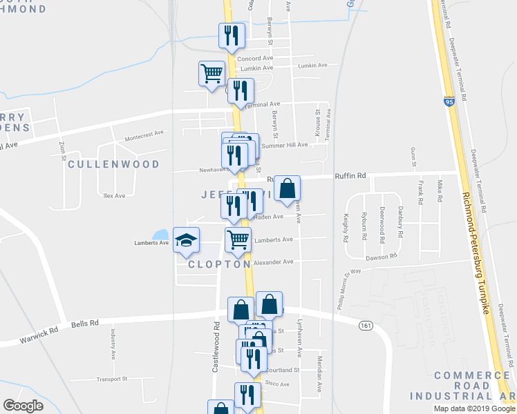map of restaurants, bars, coffee shops, grocery stores, and more near 2513 Haden Avenue in Richmond