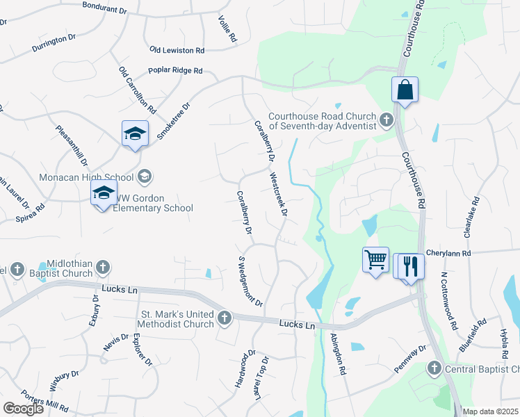 map of restaurants, bars, coffee shops, grocery stores, and more near 11433 Westcreek Court in Chesterfield County