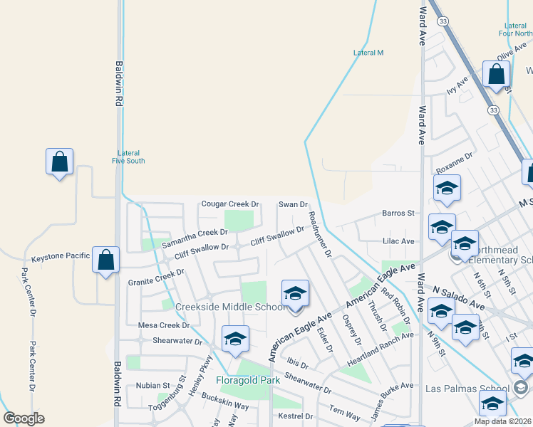 map of restaurants, bars, coffee shops, grocery stores, and more near 700 Rock Creek Lane in Patterson