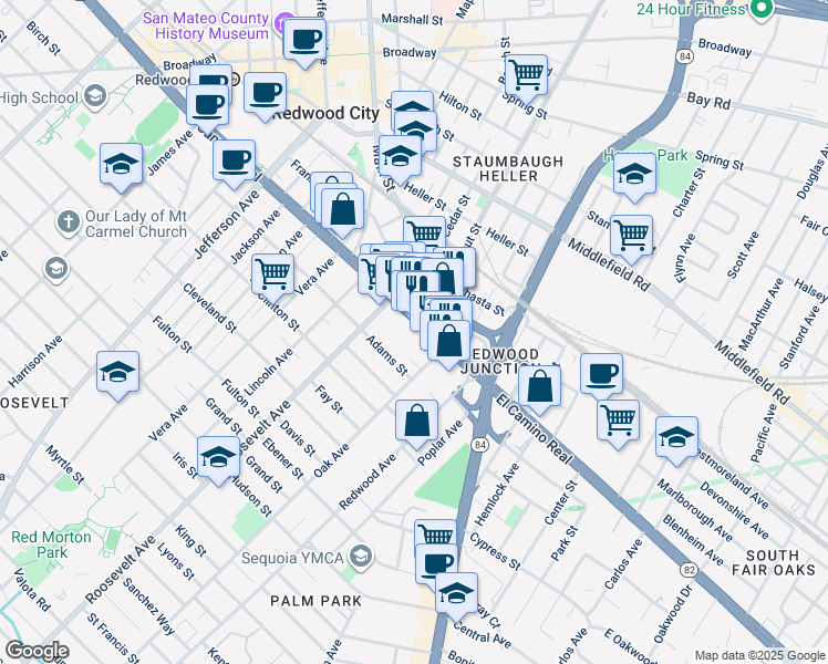 map of restaurants, bars, coffee shops, grocery stores, and more near 1836 El Camino Real in Redwood City