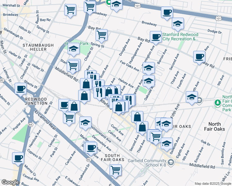 map of restaurants, bars, coffee shops, grocery stores, and more near 512 Hurlingame Avenue in Redwood City