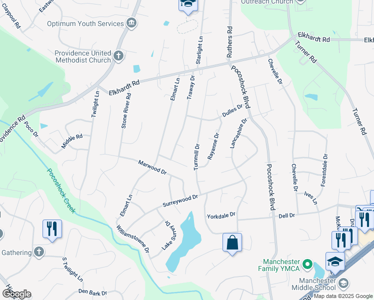 map of restaurants, bars, coffee shops, grocery stores, and more near 8001 Traway Court in Richmond