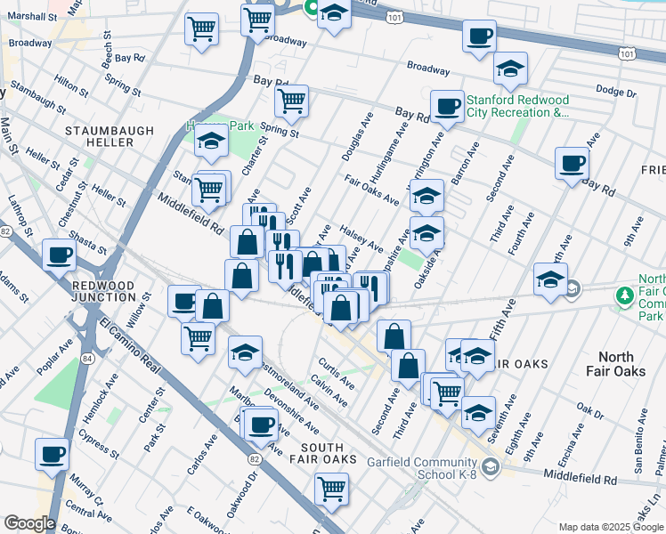 map of restaurants, bars, coffee shops, grocery stores, and more near 512 Hurlingame Avenue in Redwood City