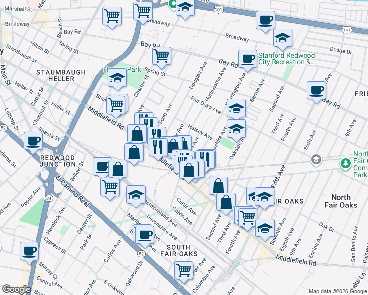 map of restaurants, bars, coffee shops, grocery stores, and more near 512 Hurlingame Avenue in Redwood City