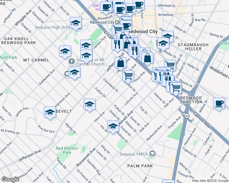 map of restaurants, bars, coffee shops, grocery stores, and more near 534 Vera Avenue in Redwood City