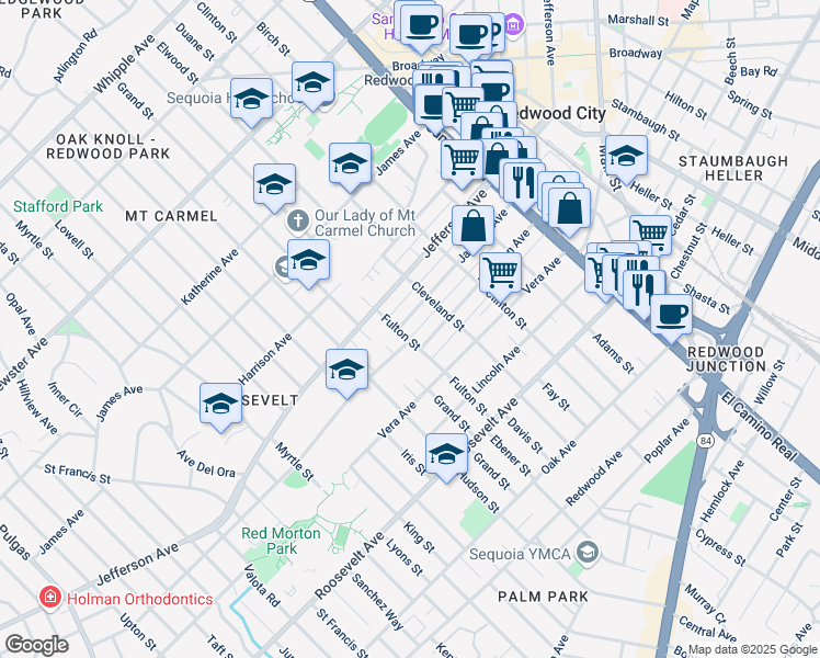 map of restaurants, bars, coffee shops, grocery stores, and more near 601 Madison Avenue in Redwood City