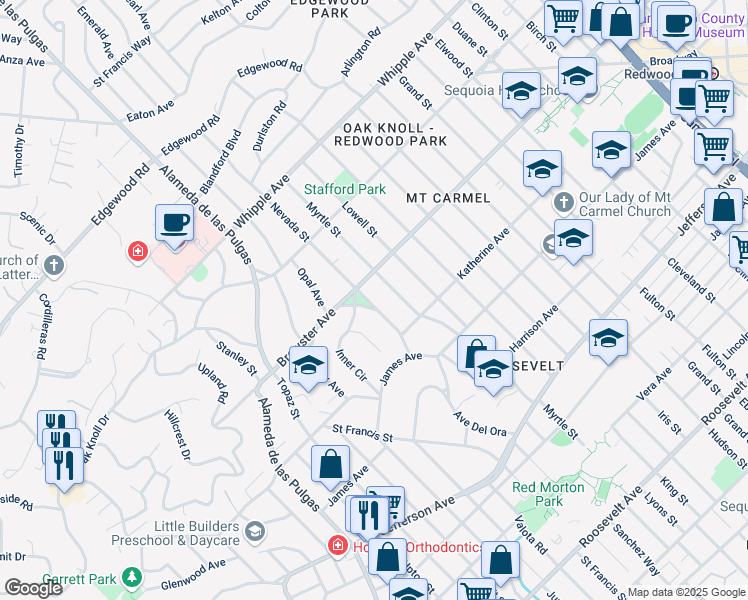 map of restaurants, bars, coffee shops, grocery stores, and more near 98 Southgate Street in Redwood City