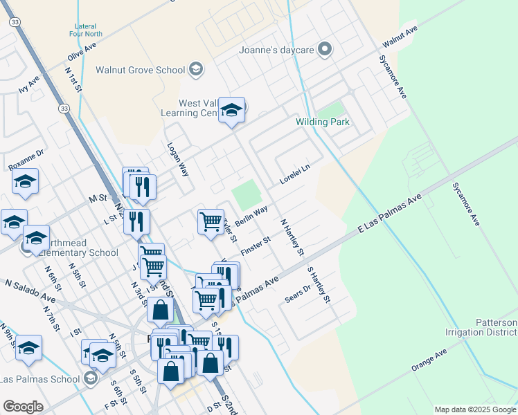 map of restaurants, bars, coffee shops, grocery stores, and more near 316 Berlin Way in Patterson