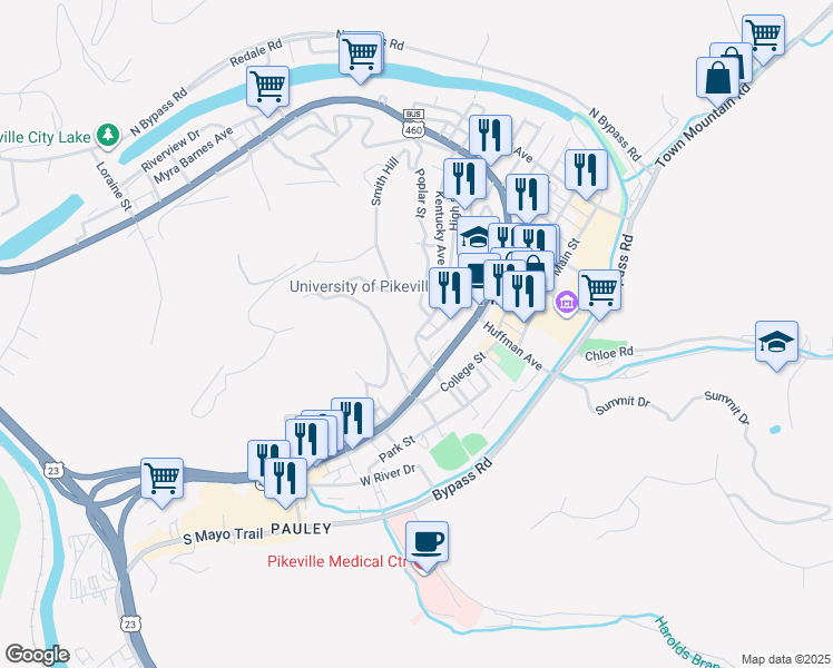 map of restaurants, bars, coffee shops, grocery stores, and more near 209 North Elm Street in Pikeville