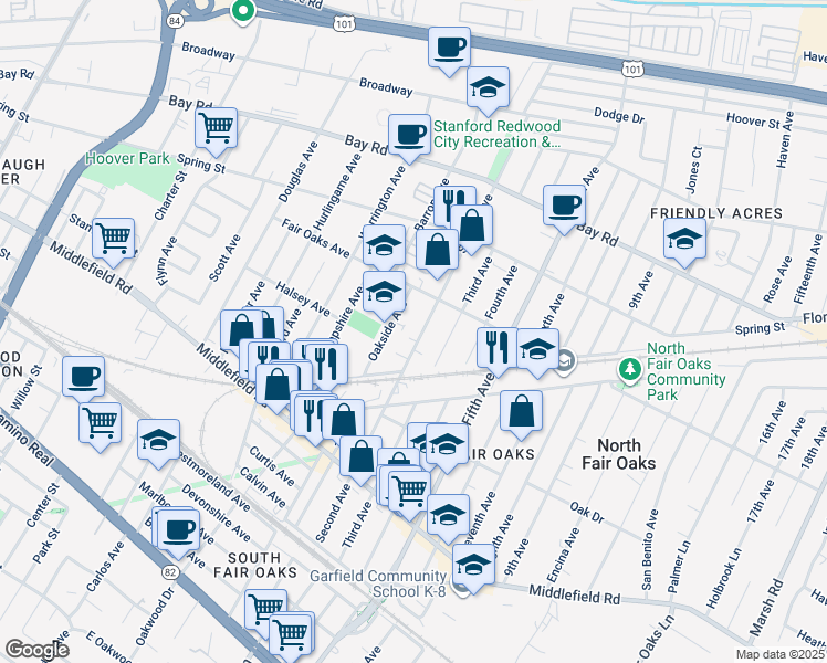 map of restaurants, bars, coffee shops, grocery stores, and more near 657 Second Avenue in Redwood City