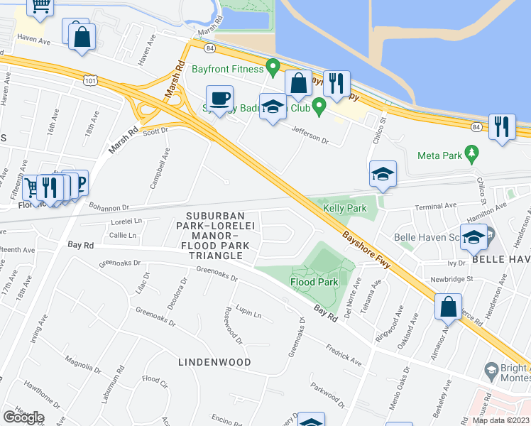 map of restaurants, bars, coffee shops, grocery stores, and more near 1056 Greenwood Drive in Menlo Park