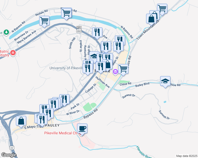 map of restaurants, bars, coffee shops, grocery stores, and more near 333 2nd Street in Pikeville