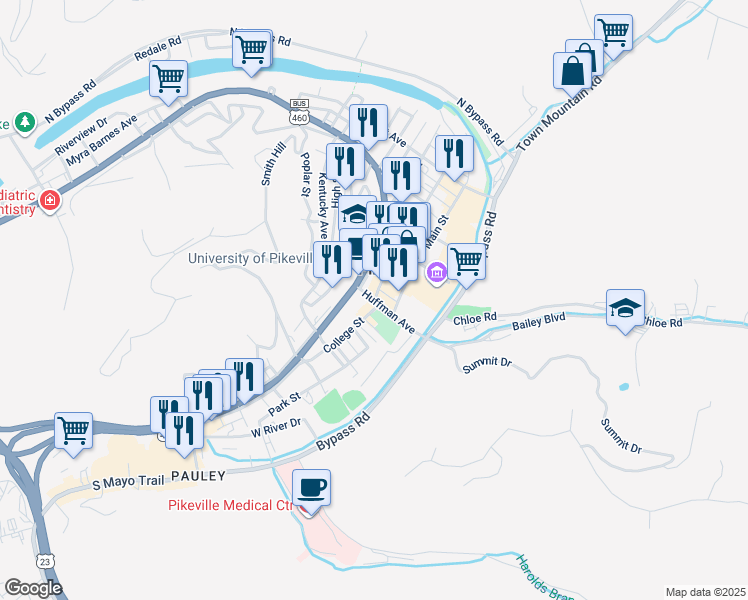 map of restaurants, bars, coffee shops, grocery stores, and more near 333 2nd Street in Pikeville