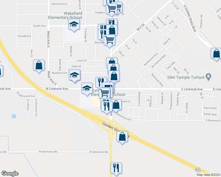 map of restaurants, bars, coffee shops, grocery stores, and more near 11 West Linwood Avenue in Turlock