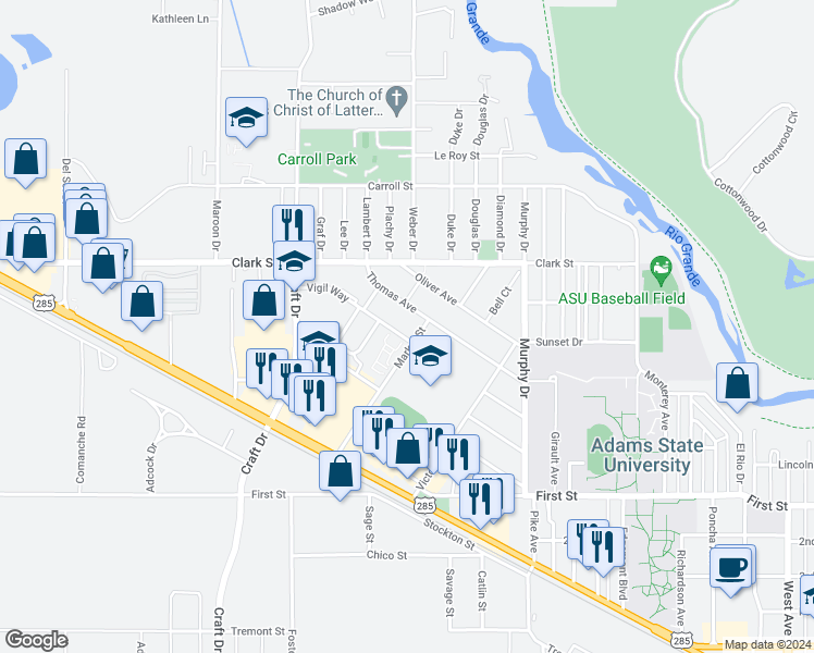 map of restaurants, bars, coffee shops, grocery stores, and more near 219 Market Street in Alamosa