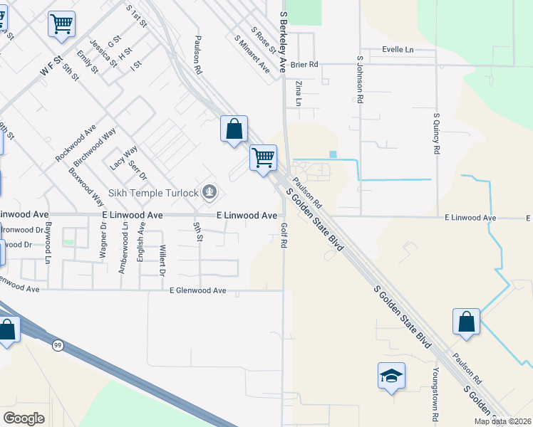 map of restaurants, bars, coffee shops, grocery stores, and more near 1530 East Linwood Avenue in Turlock