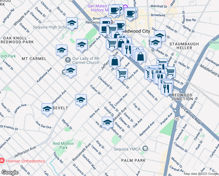 map of restaurants, bars, coffee shops, grocery stores, and more near 534 Vera Avenue in Redwood City