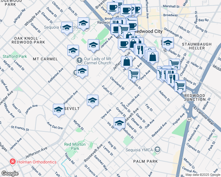 map of restaurants, bars, coffee shops, grocery stores, and more near 601 Madison Avenue in Redwood City